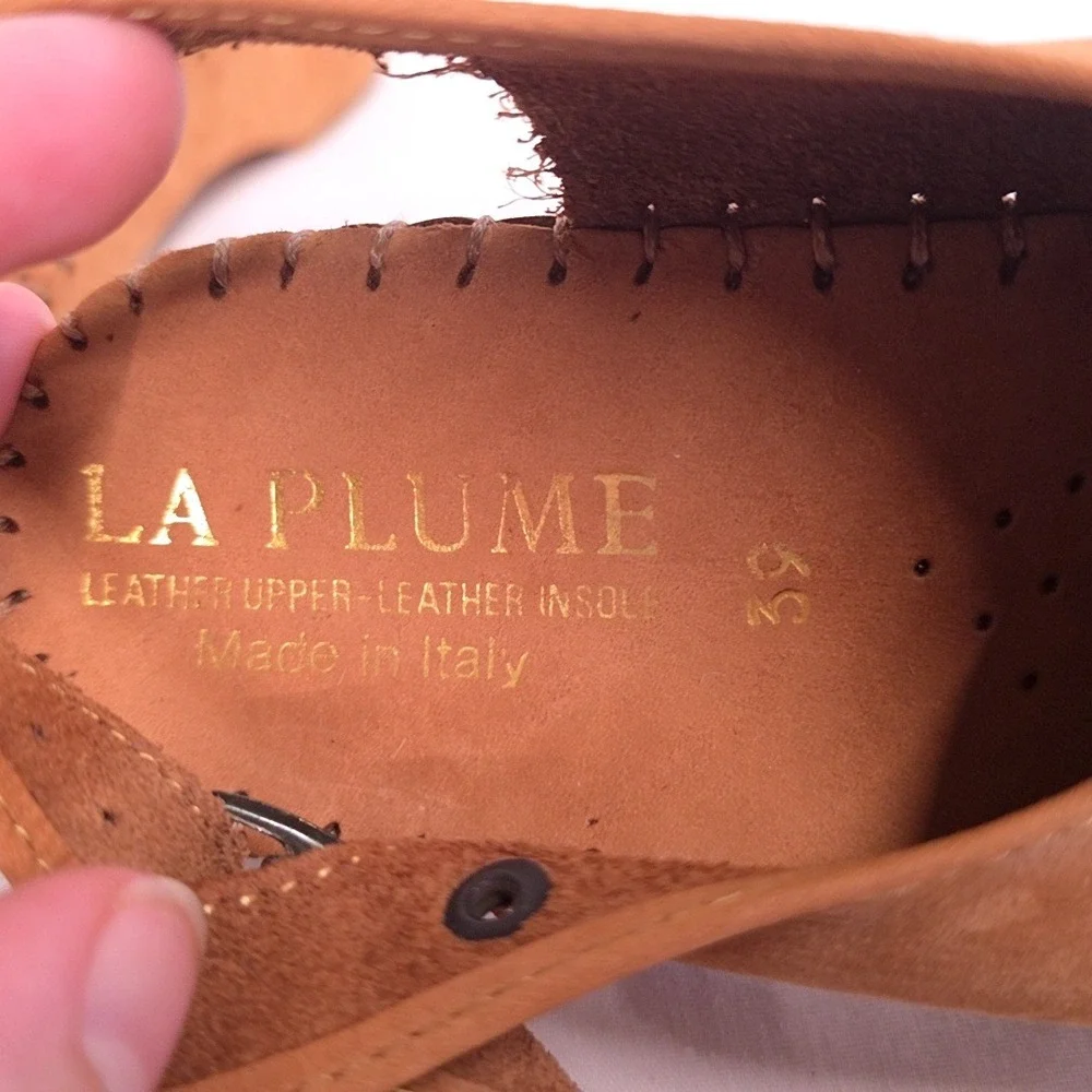 La Plume Wedge Sandals Womens 39 Tan Leather Lace Up Peep Toe Slingback Italy